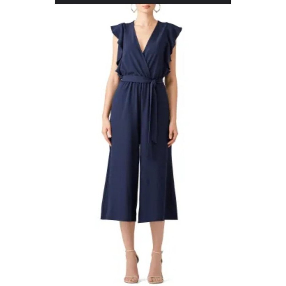 Hutch Anthropologie Womens Navy Blue Crepe cropped wide leg Jumpsuit size Small